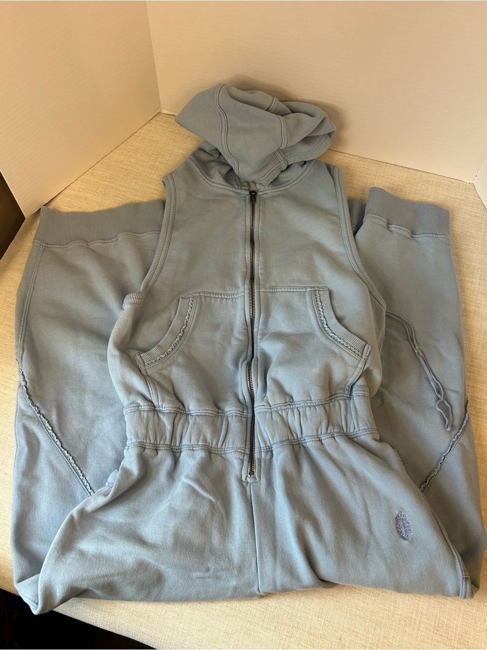 Free People Light Blue Sleeveless Hooded Zip Jumpsuit